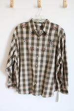 NEW Maggie & Max Green & Tan Plaid Embroidered Floral Button Down Top | 2X