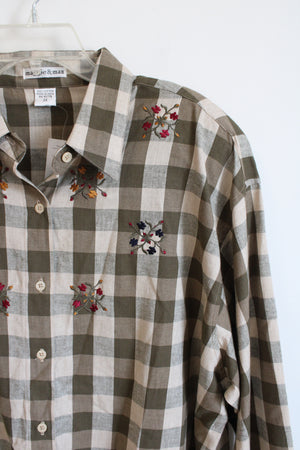 NEW Maggie & Max Green & Tan Plaid Embroidered Floral Button Down Top | 2X