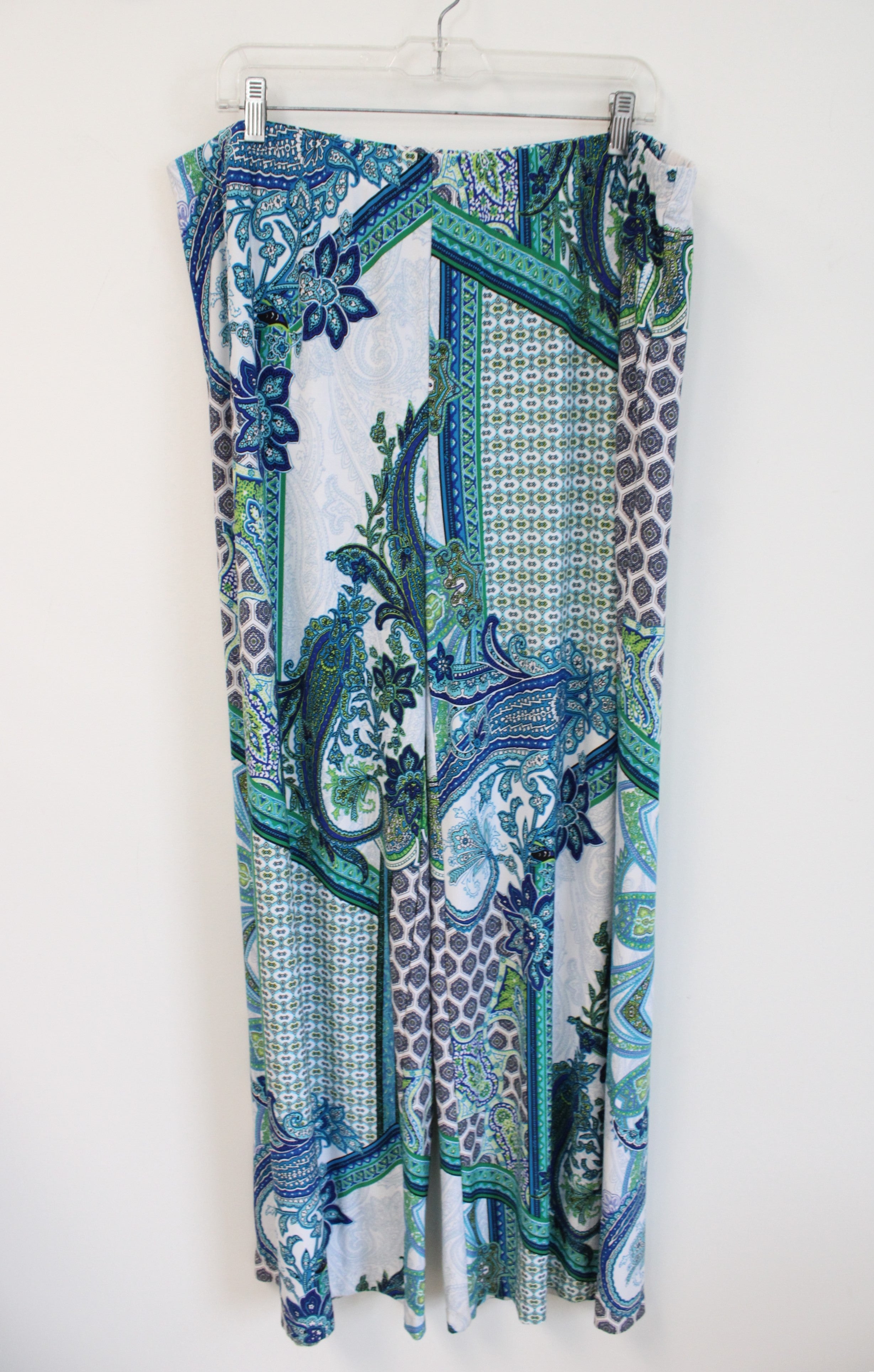 Chico's Blue Green White Paisley Print Stretch Wide Leg Pant | 3 (16/XL)