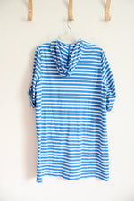 Lands' End Blue & White Striped Cotton Hoodie Dress | L