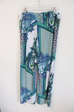 Chico's Blue Green White Paisley Print Stretch Wide Leg Pant | 3 (16/XL)