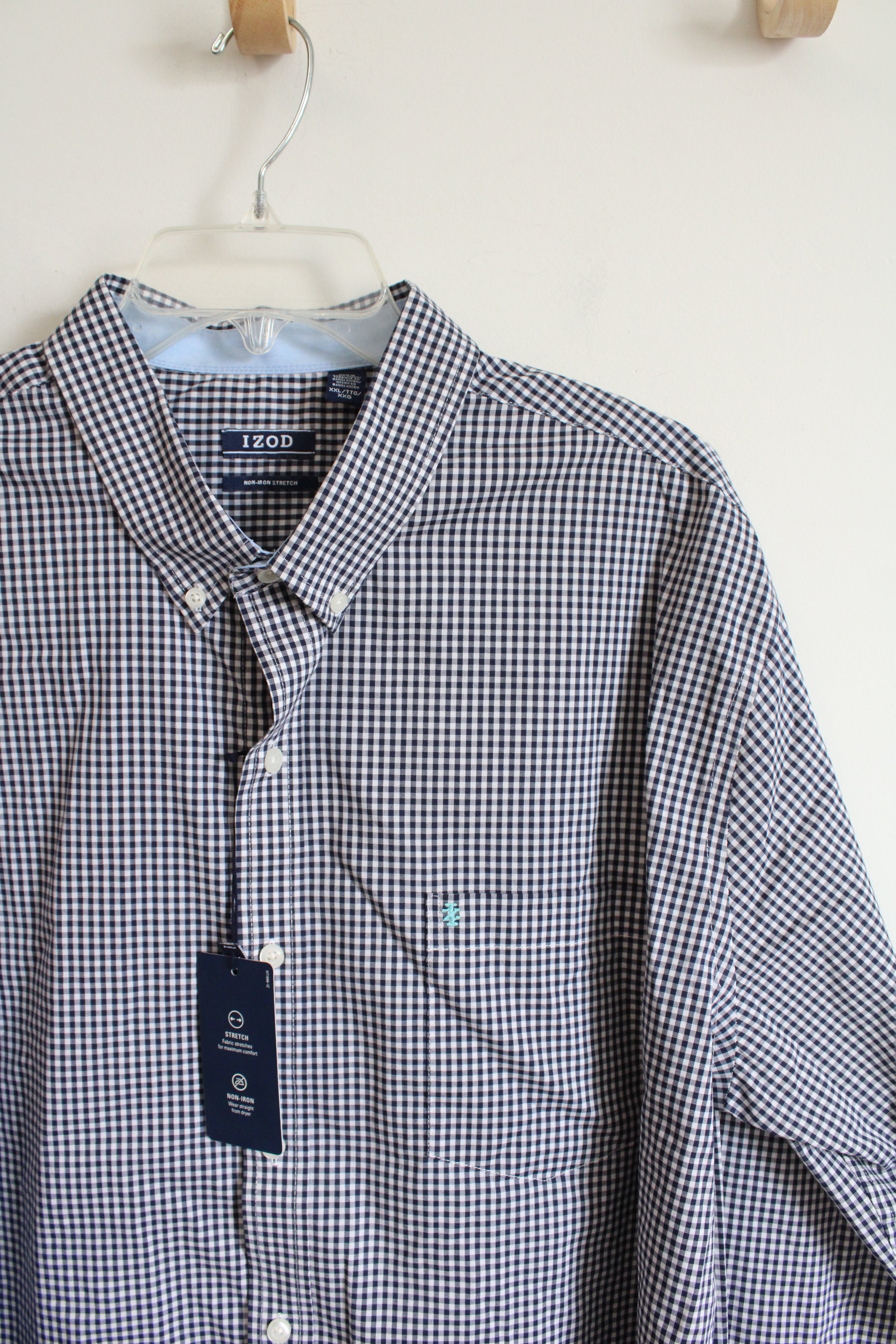 NEW Izod Blue & White Gingham Slim Fit Non-Iron Stretch Button Down Shirt | XXL