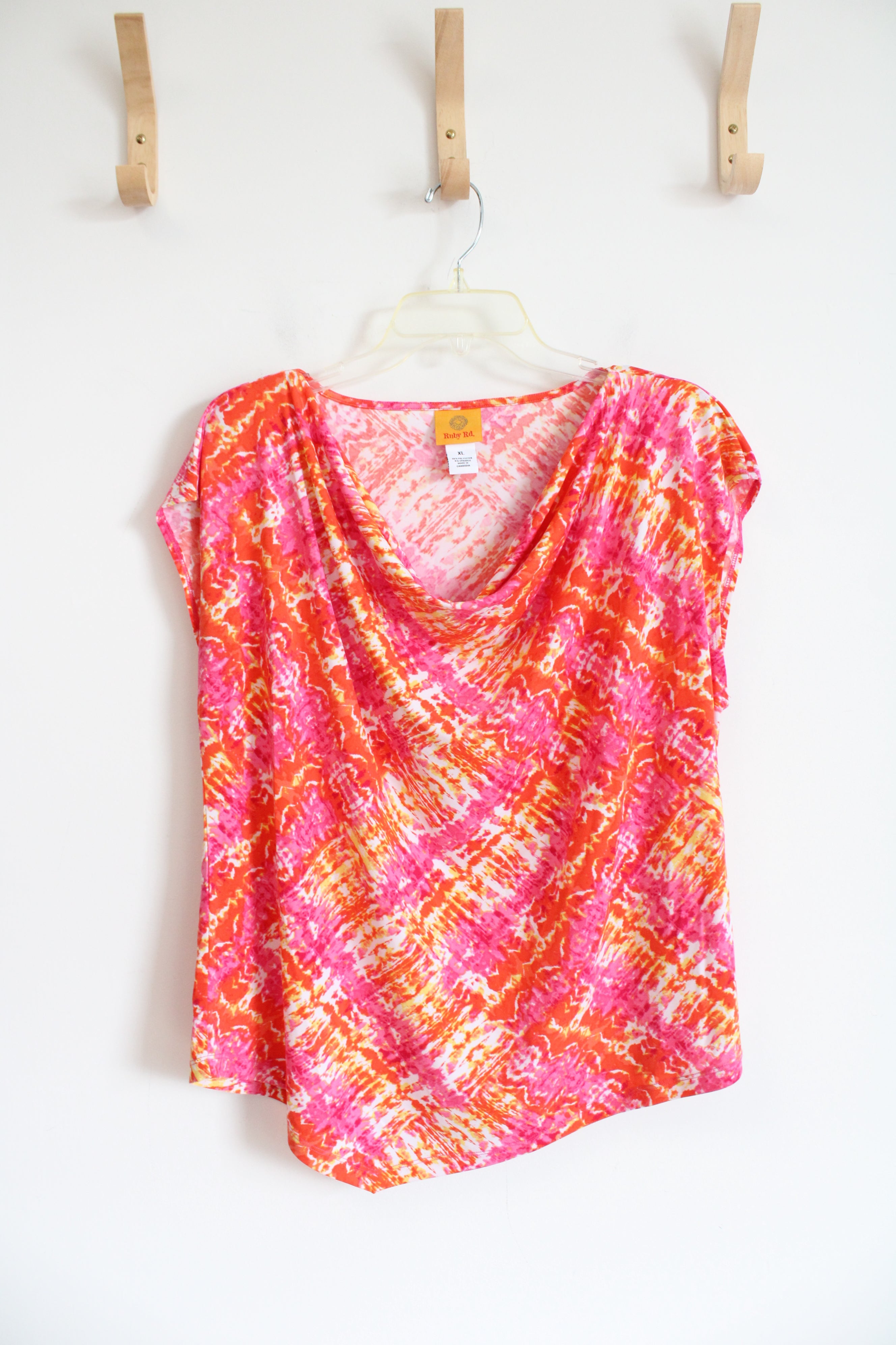 Ruby Rd. Pink Orange Patterned Scoop Neck Top | XL