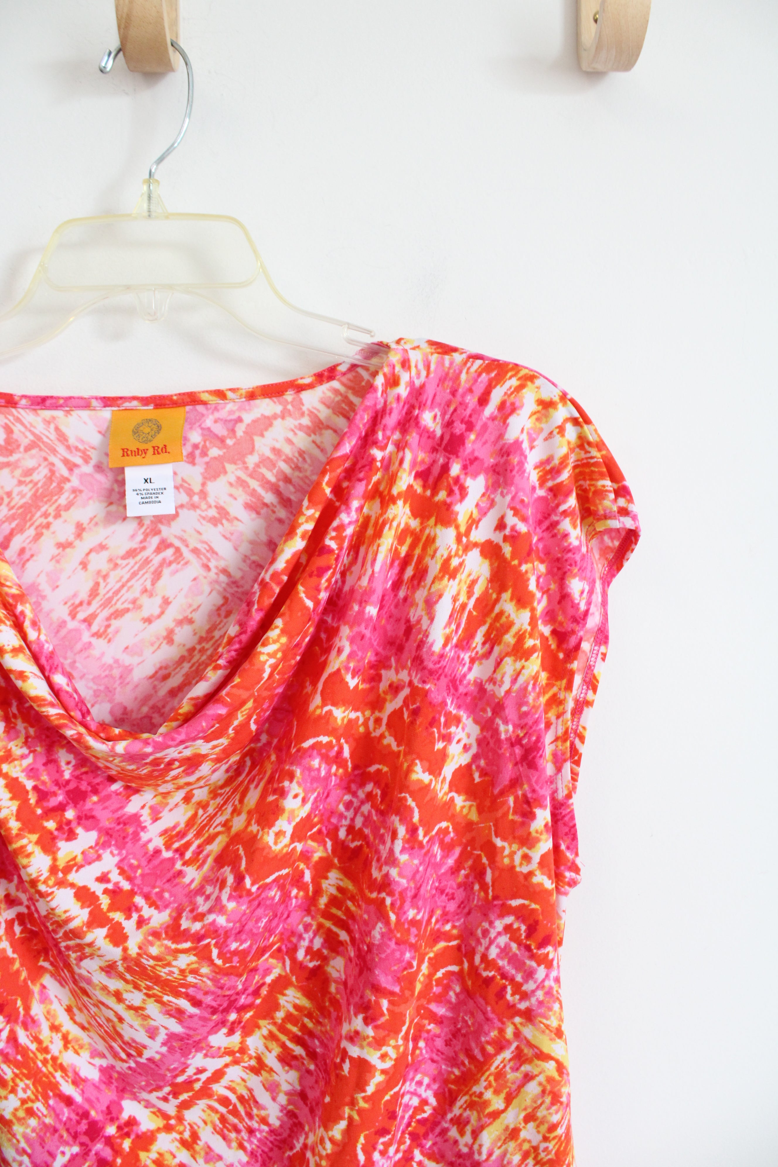 Ruby Rd. Pink Orange Patterned Scoop Neck Top | XL