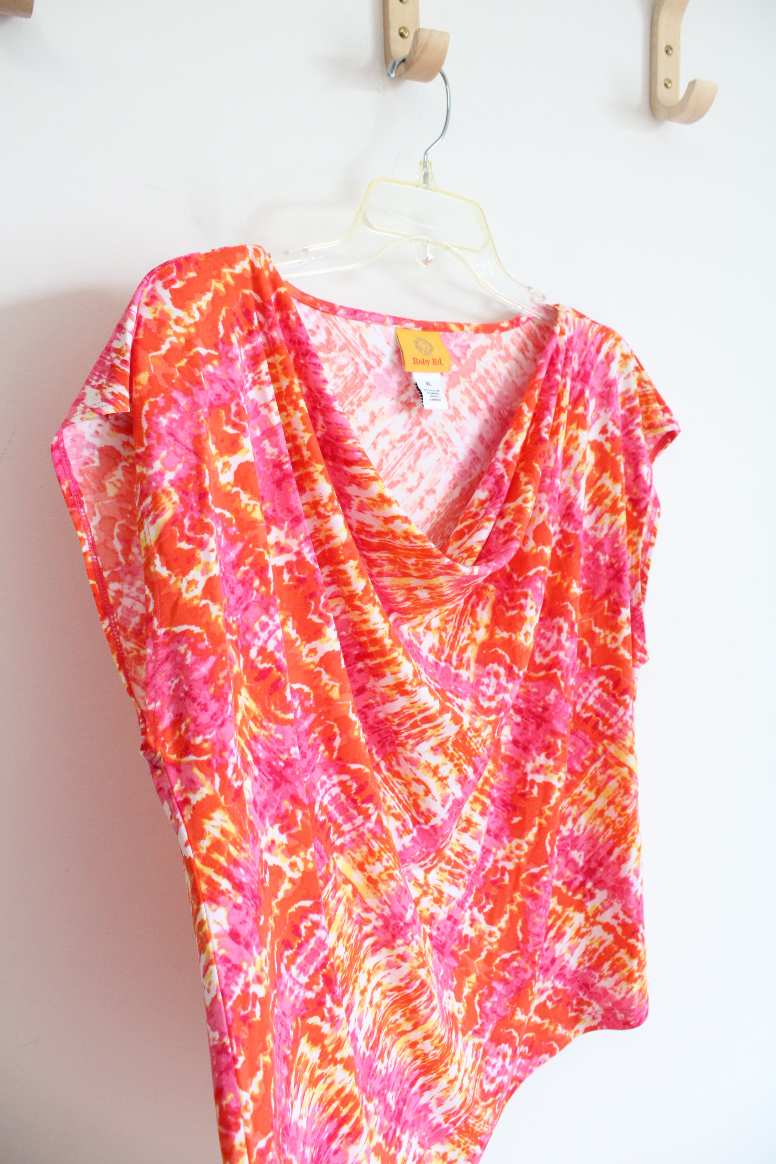 Ruby Rd. Pink Orange Patterned Scoop Neck Top | XL