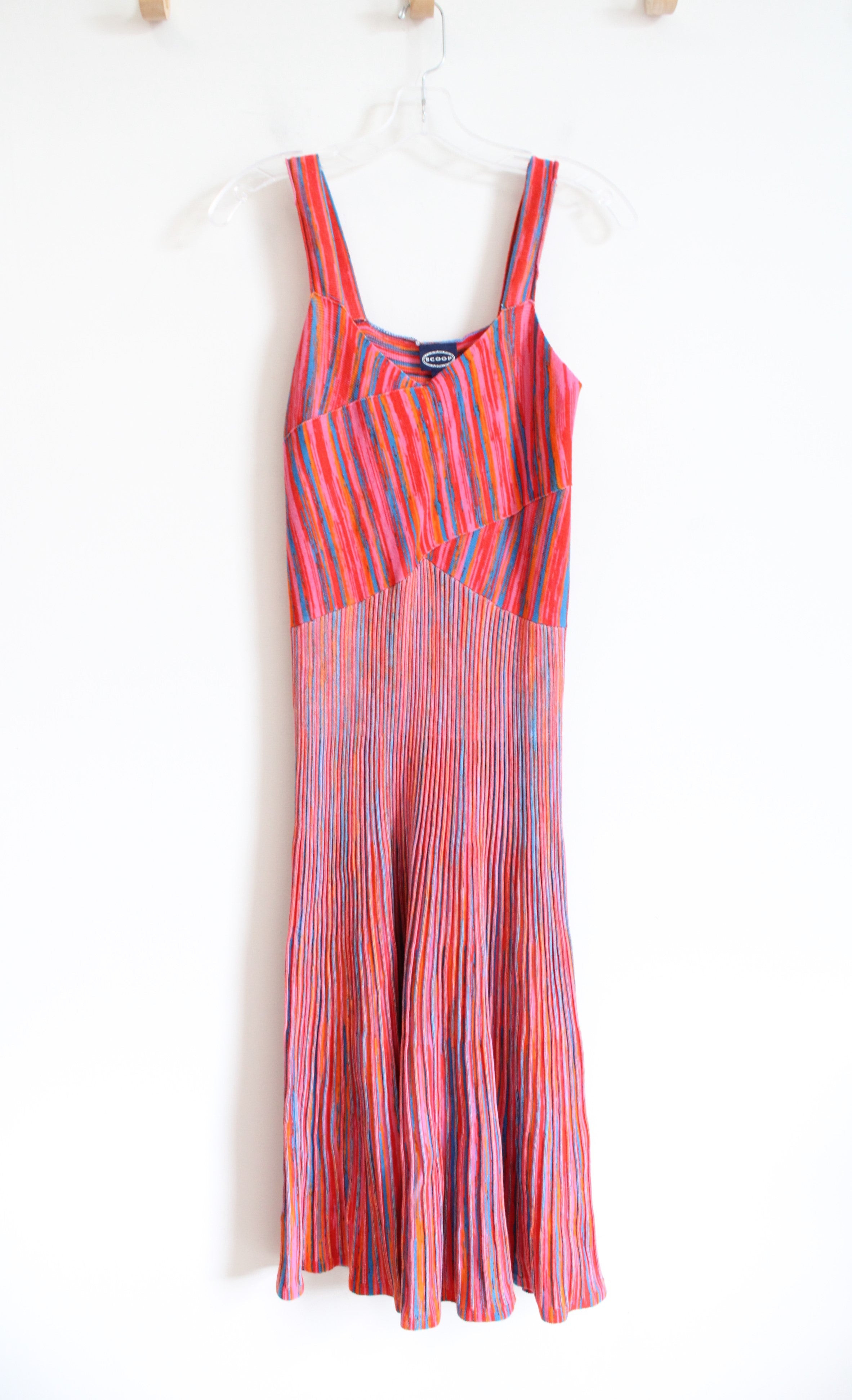 Scoop Orange Red & Blue Striped Pleated Knit Dress | XS