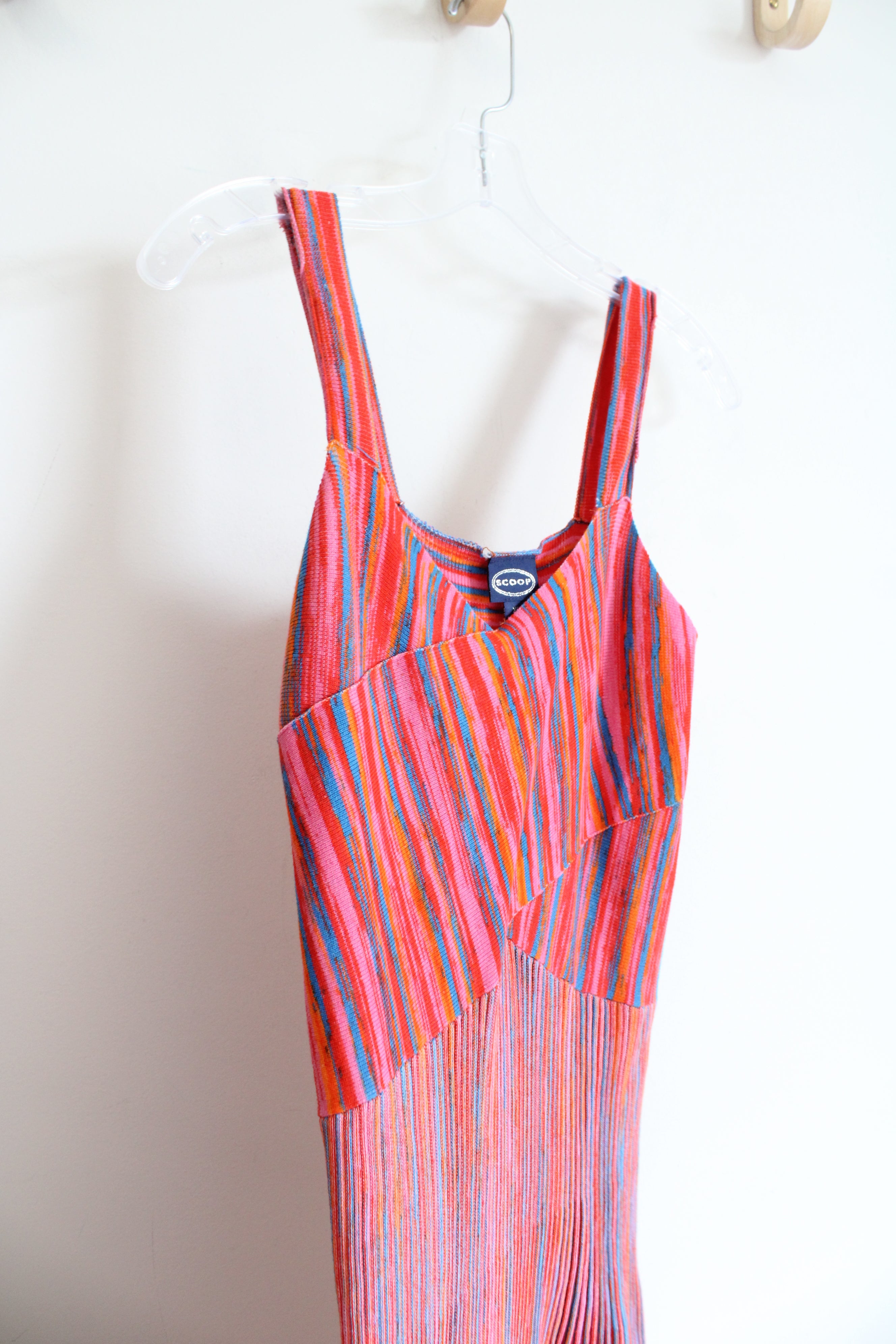 Scoop Orange Red & Blue Striped Pleated Knit Dress | XS