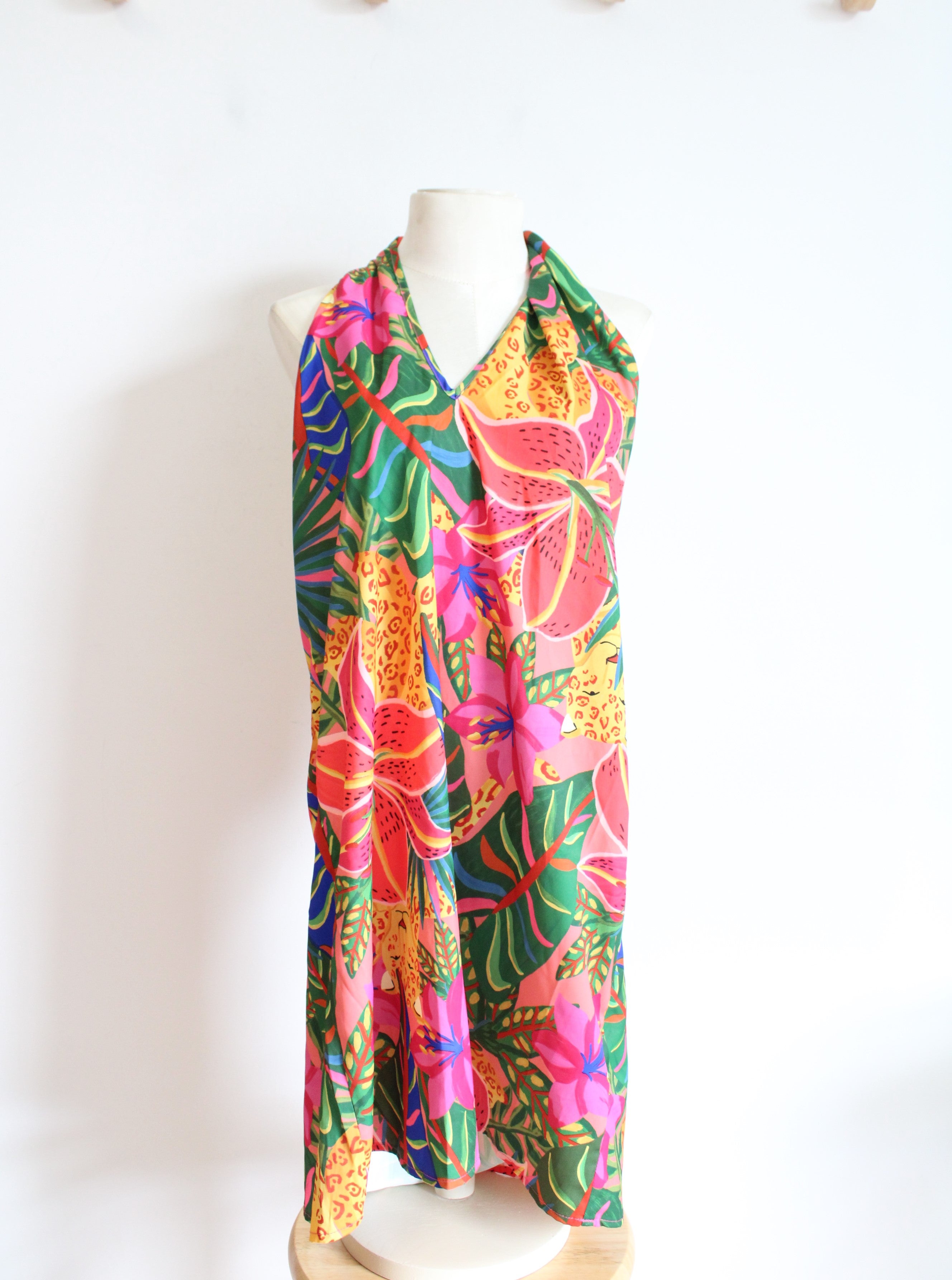 NEW Shein Bright Multi-Colored Tropical Halter Neck Dress | M