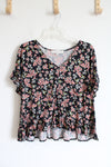 LOFT Pink Floral Black Ruffled Hem Top | M