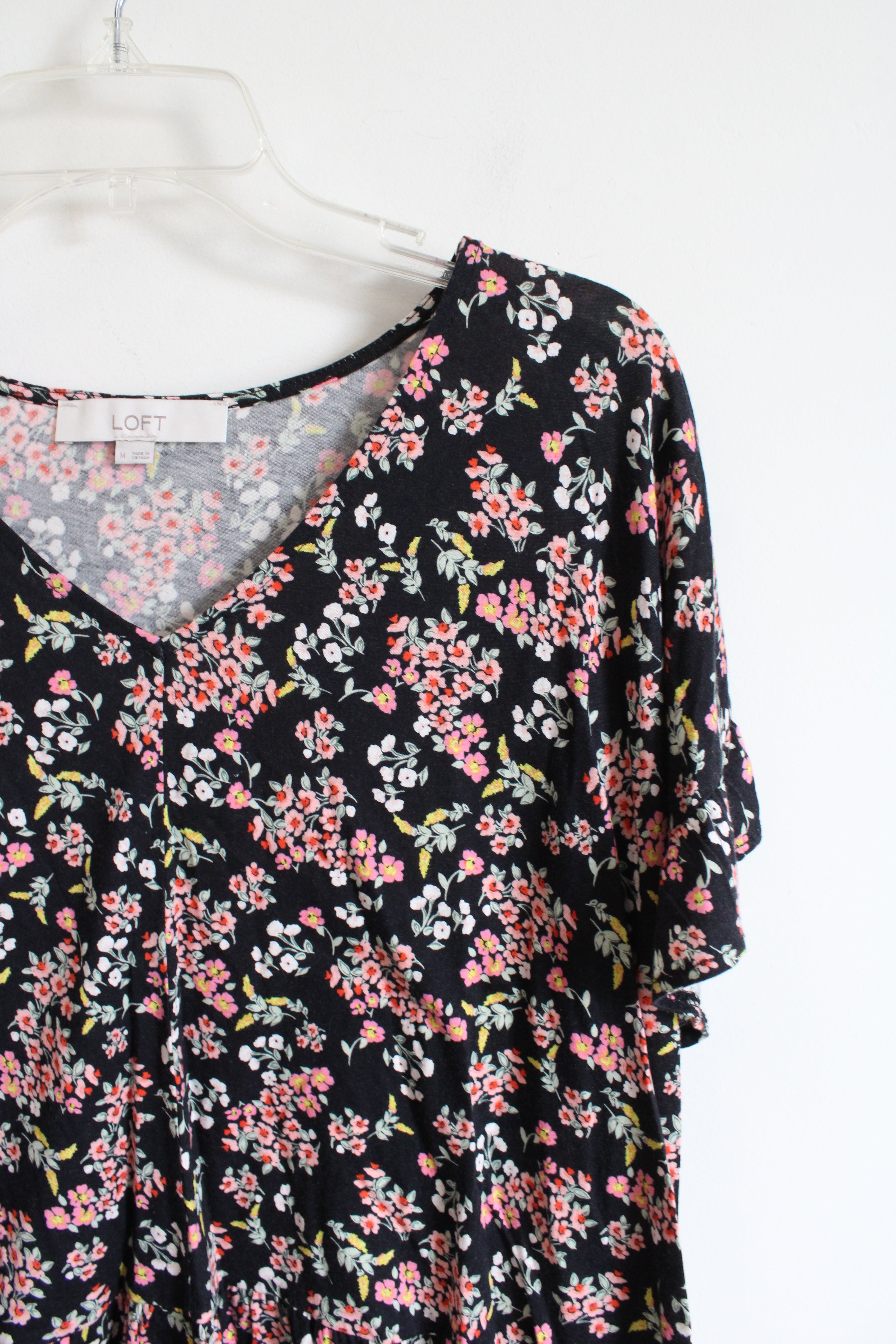 LOFT Pink Floral Black Ruffled Hem Top | M