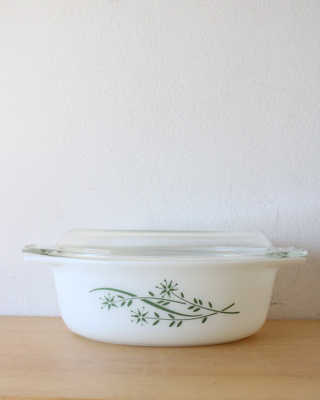 Pyrex Green Honeysuckle Milk Glass Covered Casserole Dish