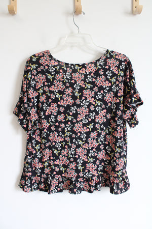 LOFT Pink Floral Black Ruffled Hem Top | M