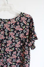 LOFT Pink Floral Black Ruffled Hem Top | M