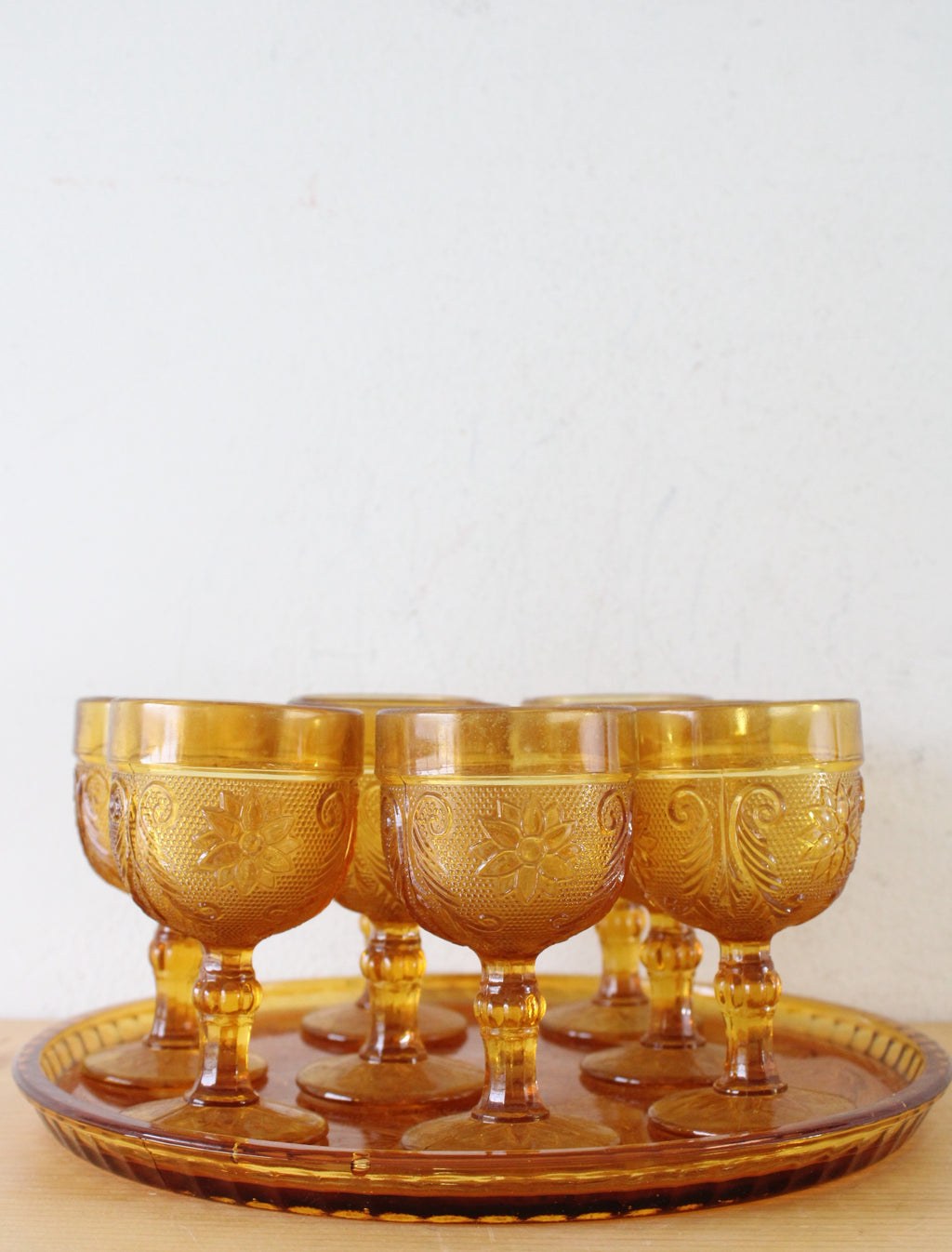 Indiana Glass Vintage Amber Glass Depression Tray & Cocktail Glasses | Set Of 9