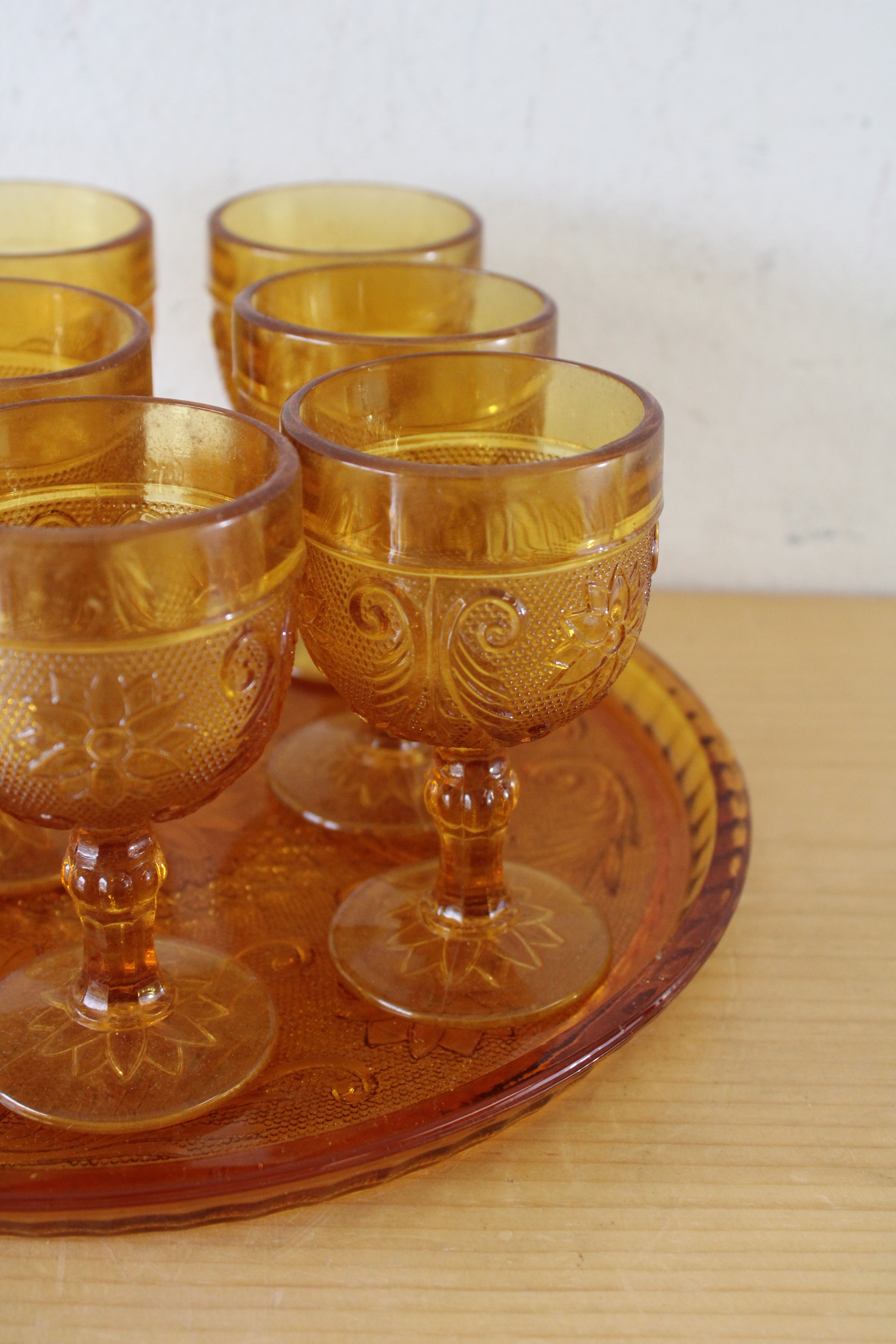 Indiana Glass Vintage Amber Glass Depression Tray & Cocktail Glasses | Set Of 9