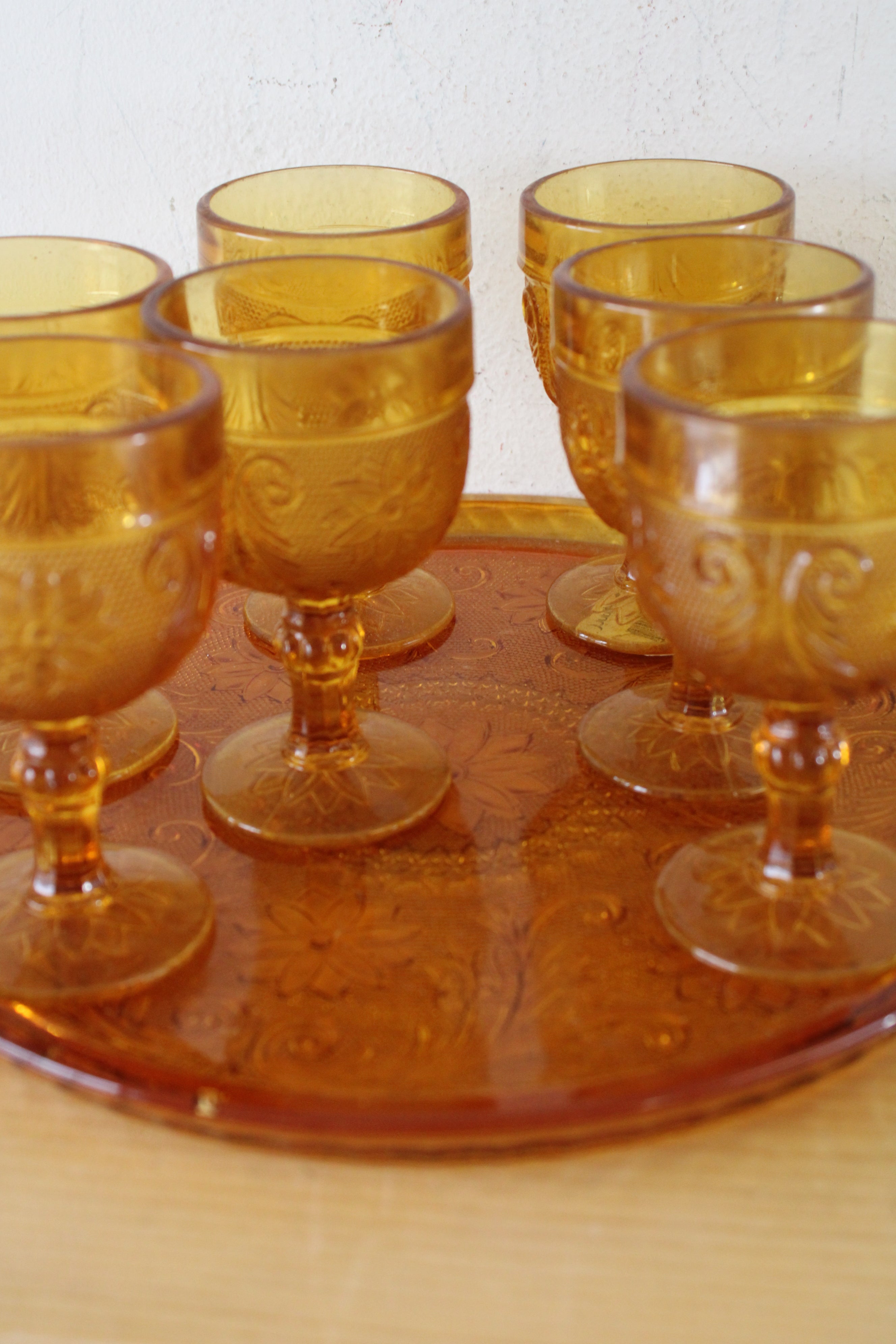 Indiana Glass Vintage Amber Glass Depression Tray & Cocktail Glasses | Set Of 9