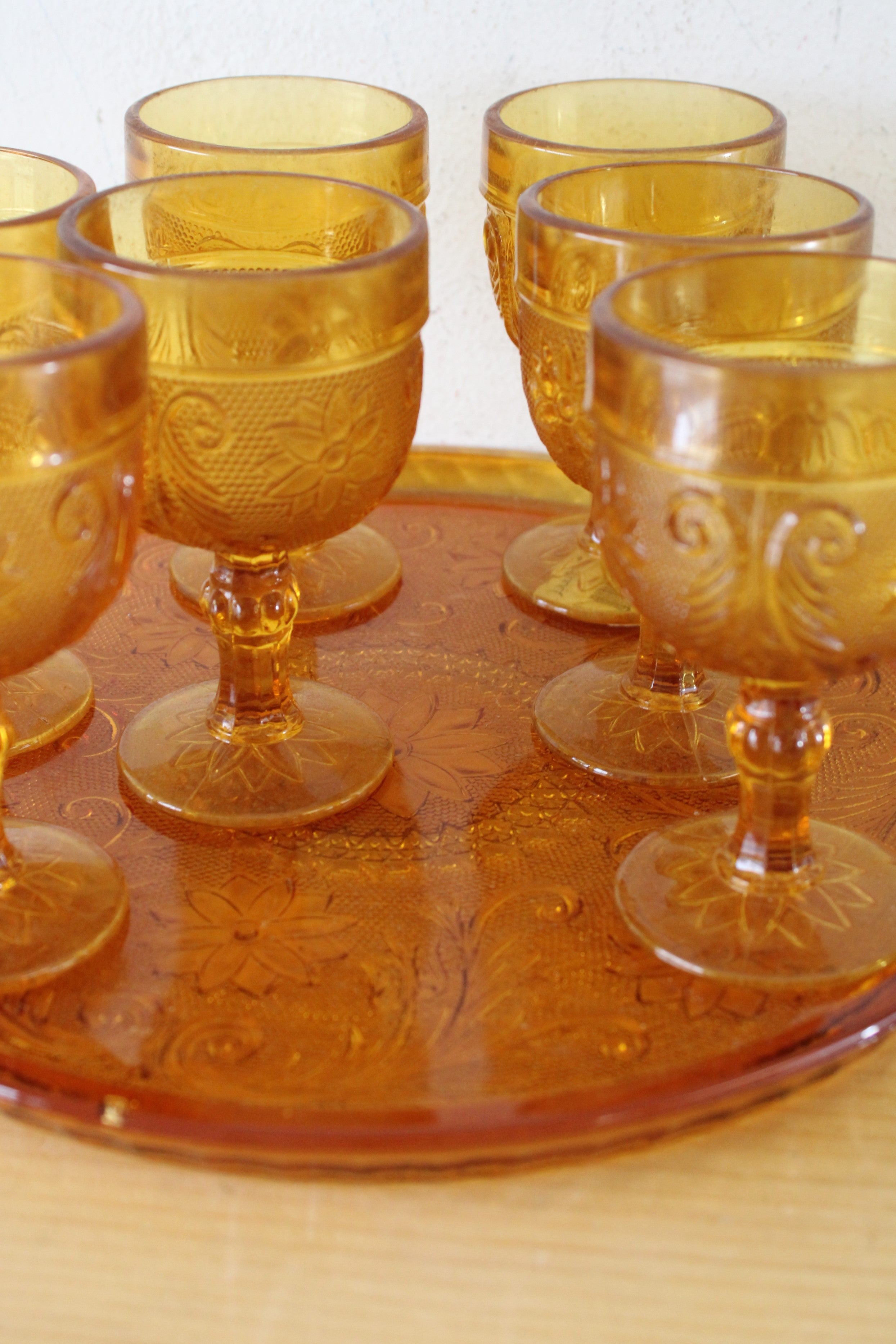 Indiana Glass Vintage Amber Glass Depression Tray & Cocktail Glasses | Set Of 9