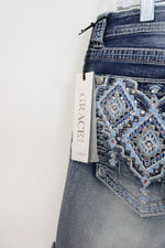 NEW Grace In LA Easy Fit Embroidered Western Denim Shorts | 32