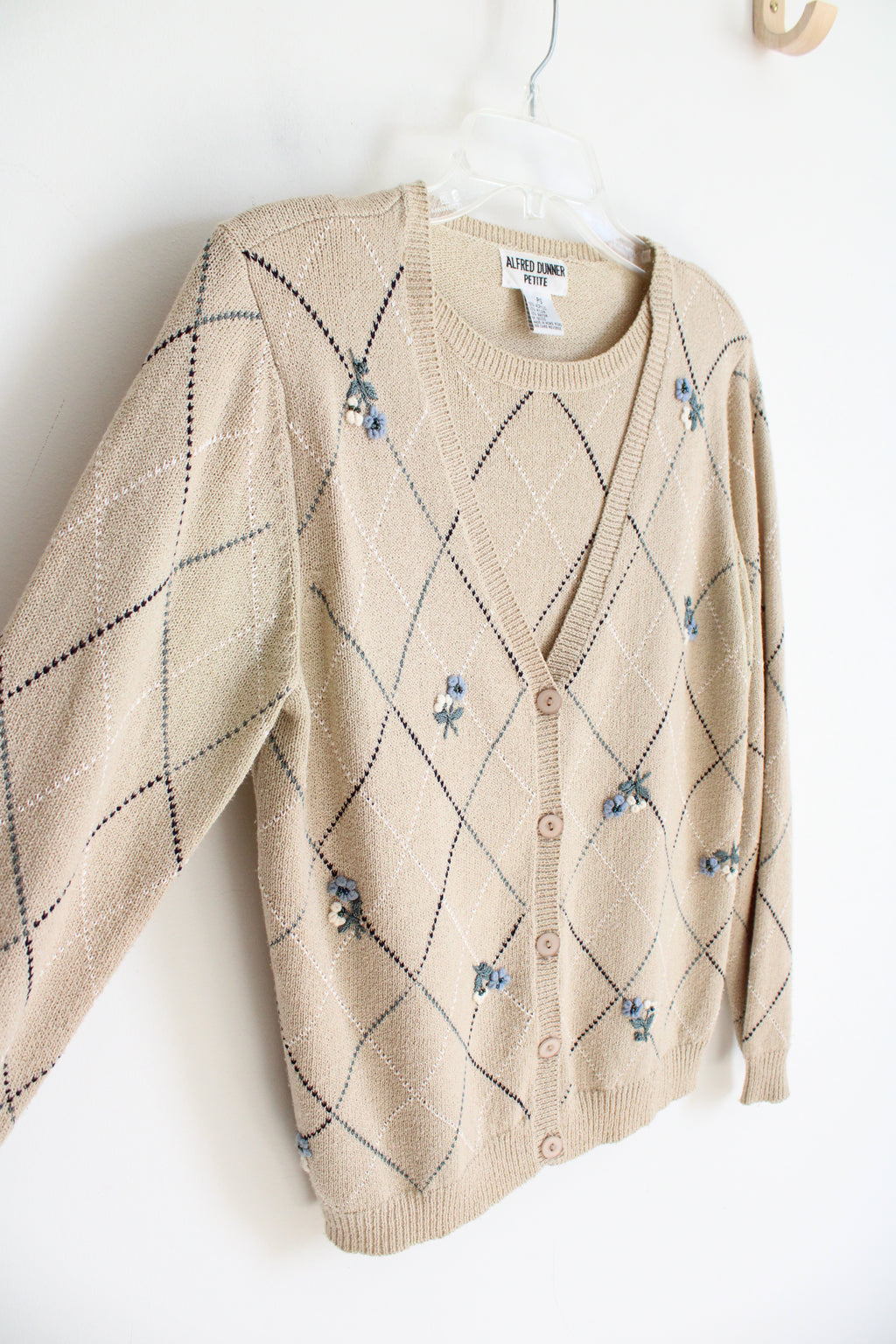 Alfred Dunner Vintage Blue Floral Argyle Tan Cardigan Sweater | S Petite