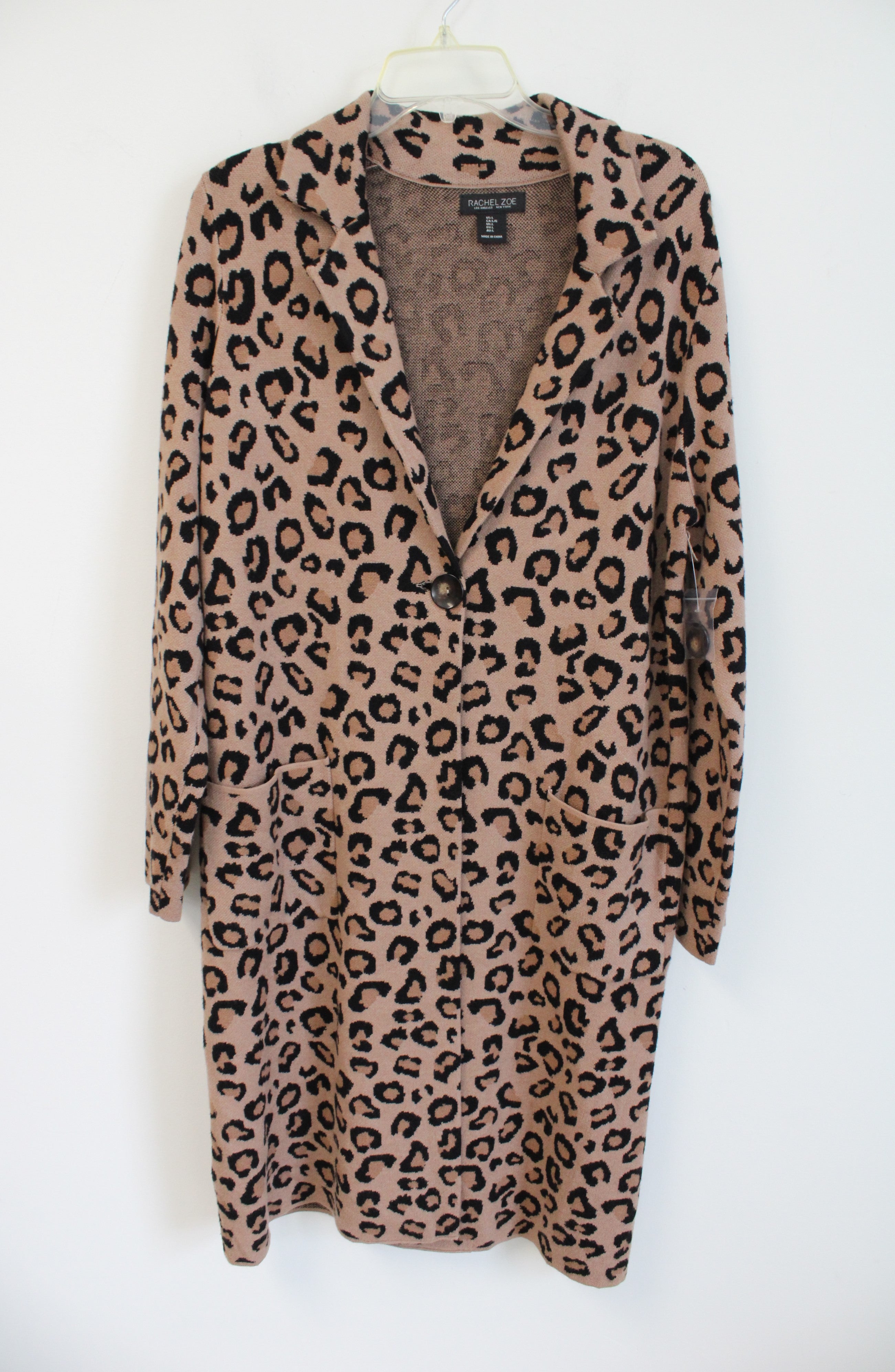 NEW Rachel Zoe Leopard Print Knit Collared Long Cardigan | L