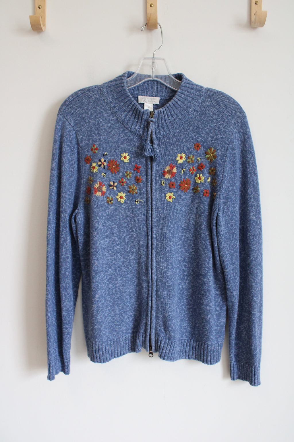 Christopher & Banks Embroidered Fall Floral Blue Zip-Up Sweater | M