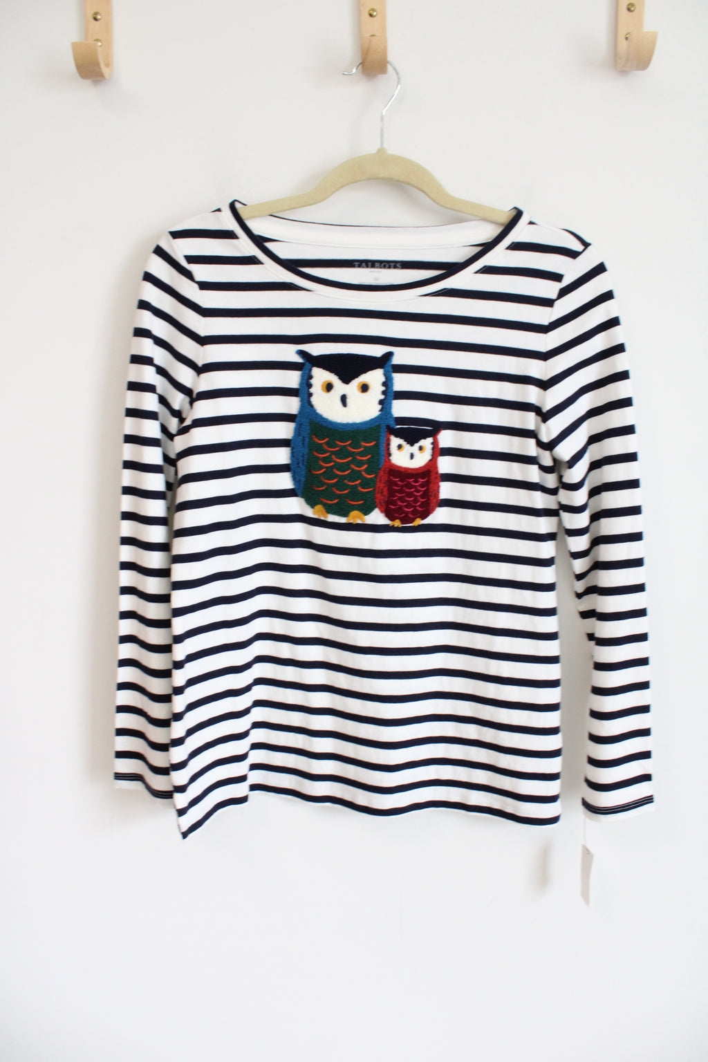 Talbots Navy Blue White Striped Owl Embroidered Long Sleeved Shirt | S Petite