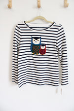 Talbots Navy Blue White Striped Owl Embroidered Long Sleeved Shirt | S Petite