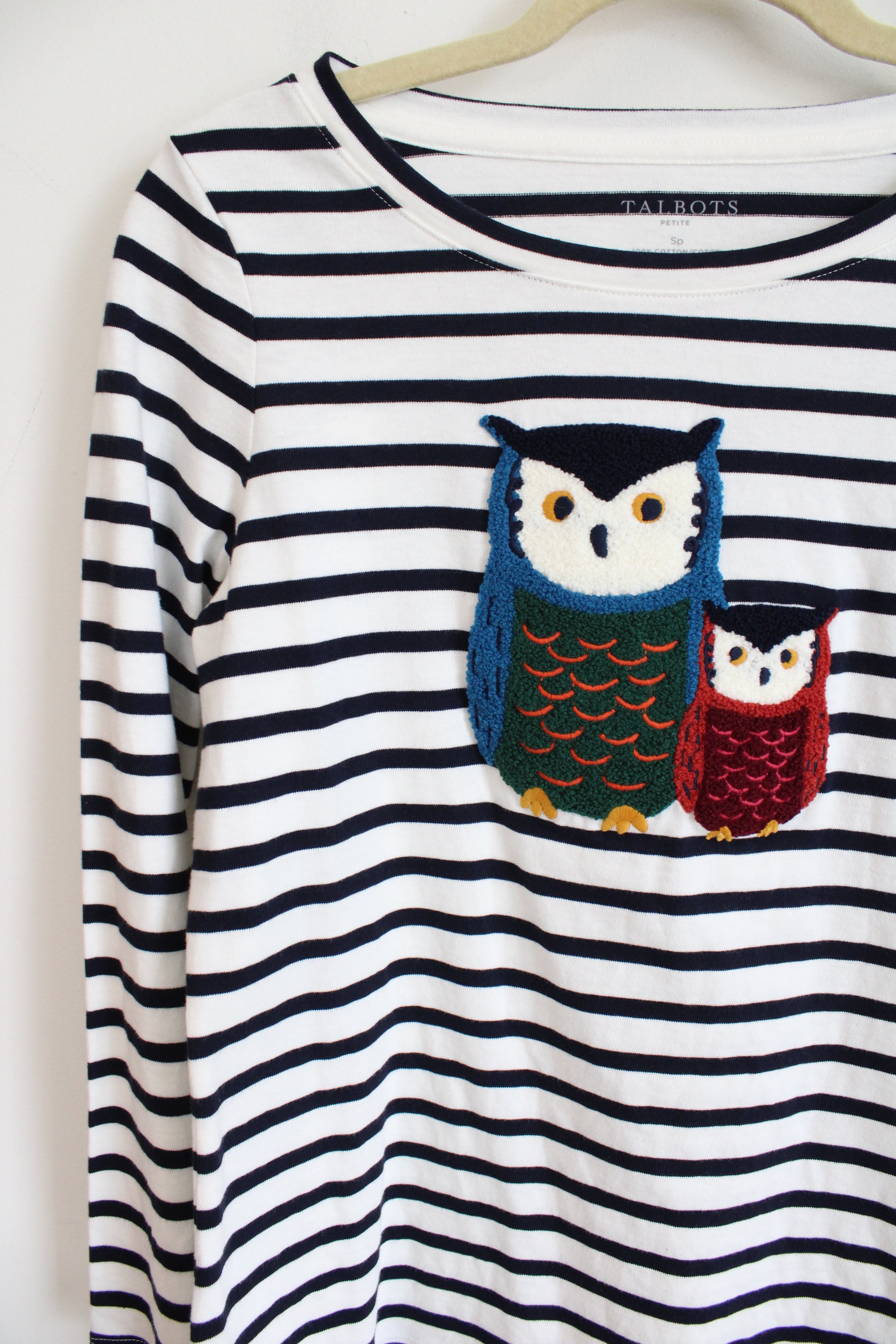 Talbots Navy Blue White Striped Owl Embroidered Long Sleeved Shirt | S Petite