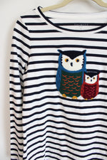 Talbots Navy Blue White Striped Owl Embroidered Long Sleeved Shirt | S Petite