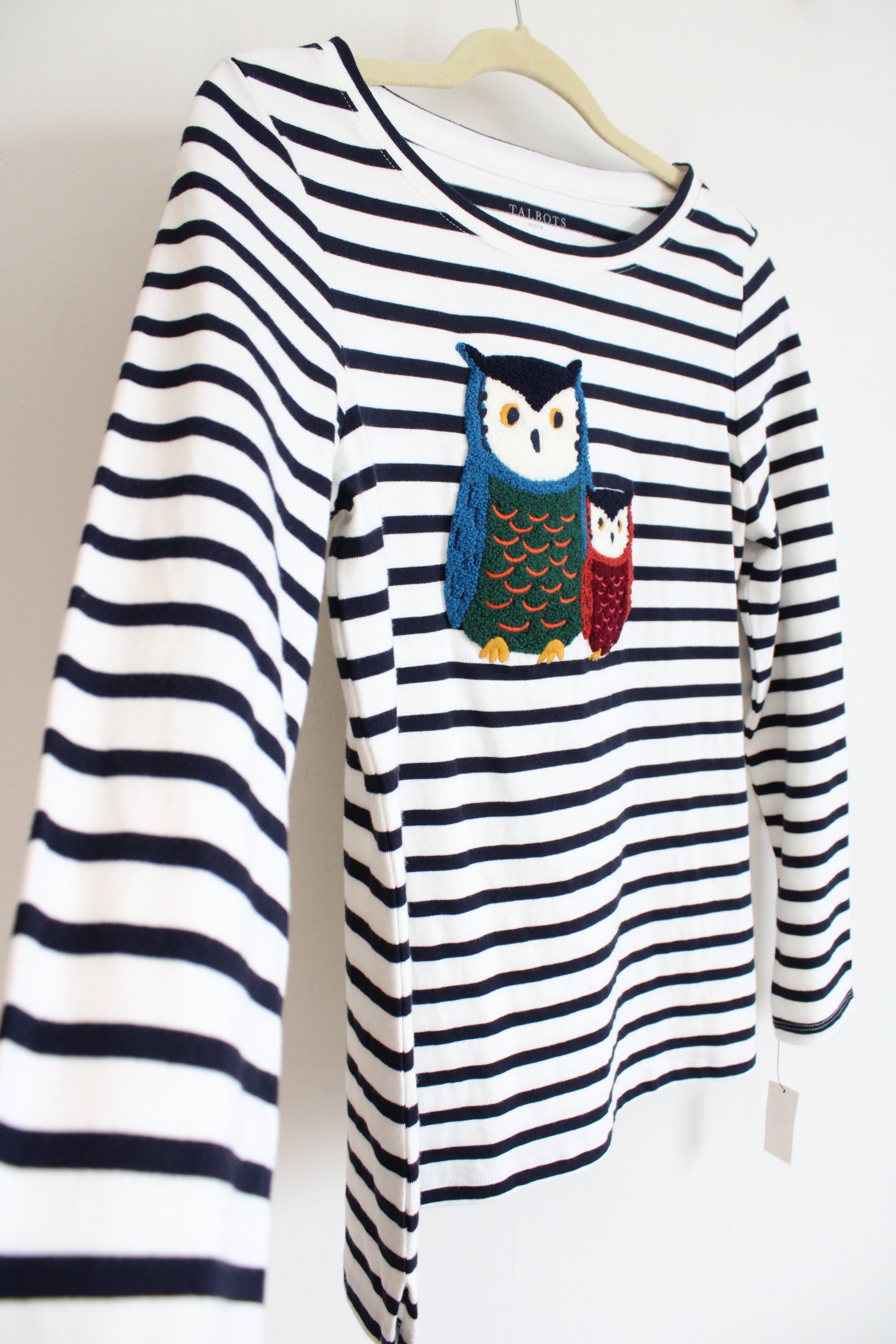 Talbots Navy Blue White Striped Owl Embroidered Long Sleeved Shirt | S Petite