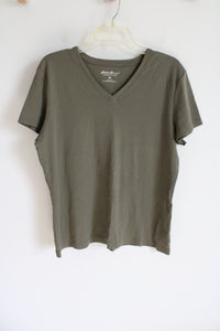 Eddie Bauer Olive Green V-Neck Tee | XL