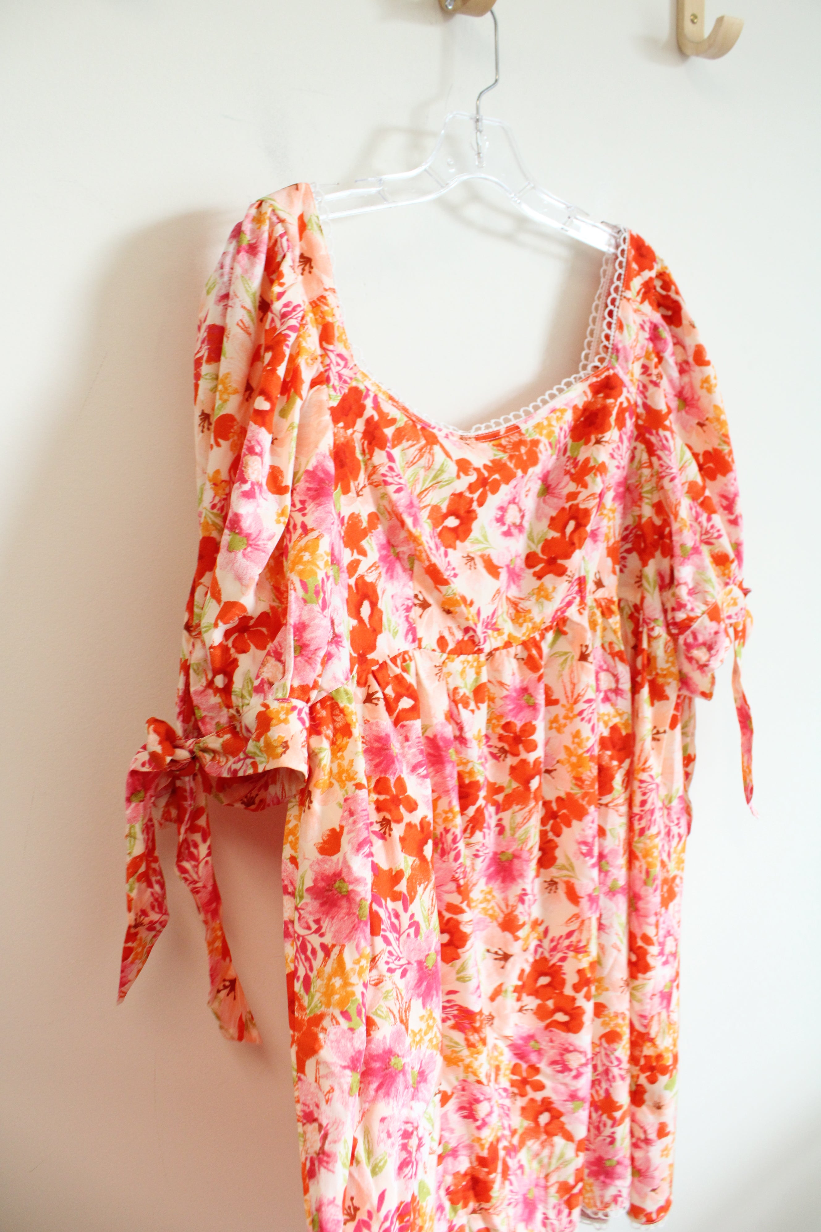 Shein Curve Pink & Orange Floral Tied Sleeve Dress | 2XL