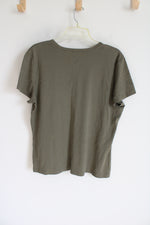 Eddie Bauer Olive Green V-Neck Tee | XL