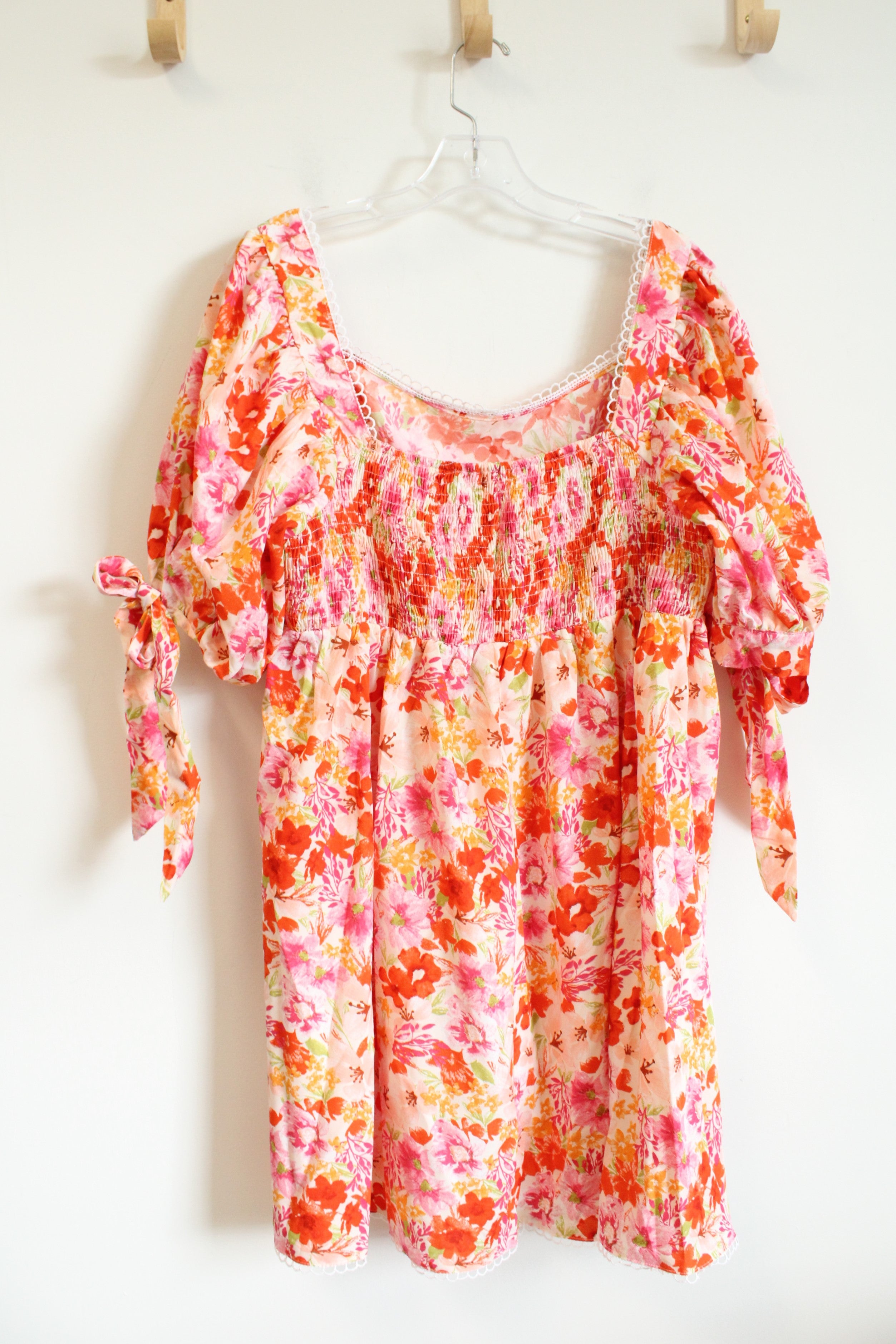 Shein Curve Pink & Orange Floral Tied Sleeve Dress | 2XL