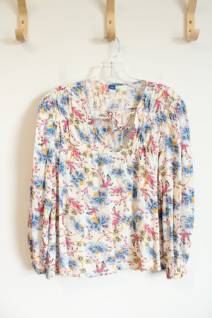 Old Navy Blue & Pink Floral White Long Sleeved Top | M Petite