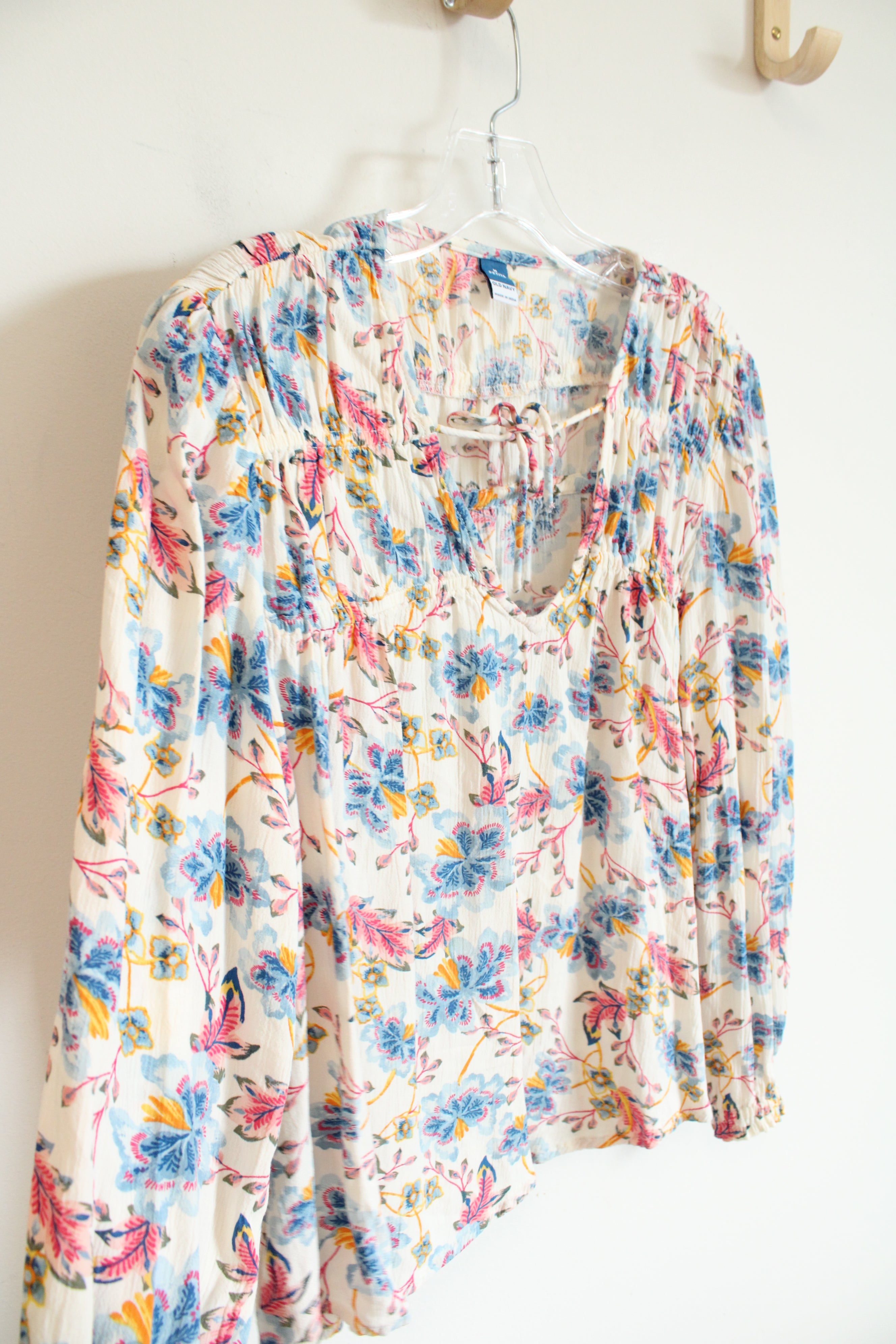 Old Navy Blue & Pink Floral White Long Sleeved Top | M Petite