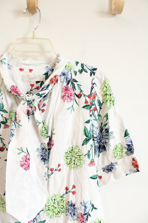 LOFT White Floral Tied Neck Button Down Top | M