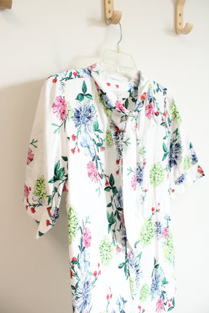 LOFT White Floral Tied Neck Button Down Top | M