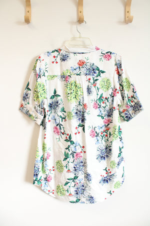 LOFT White Floral Tied Neck Button Down Top | M