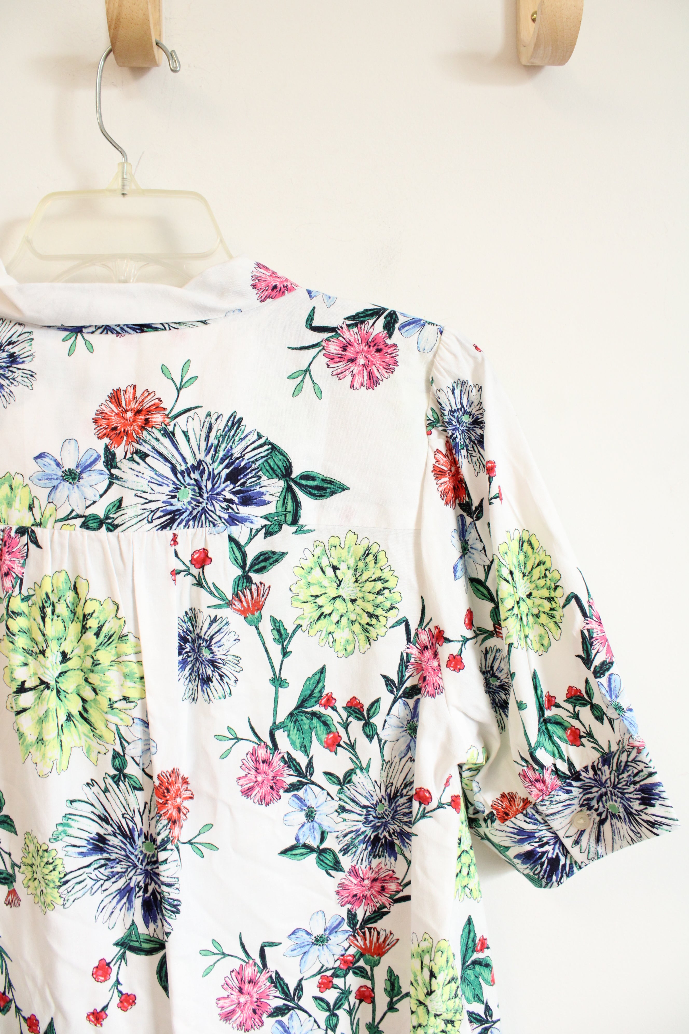 LOFT White Floral Tied Neck Button Down Top | M