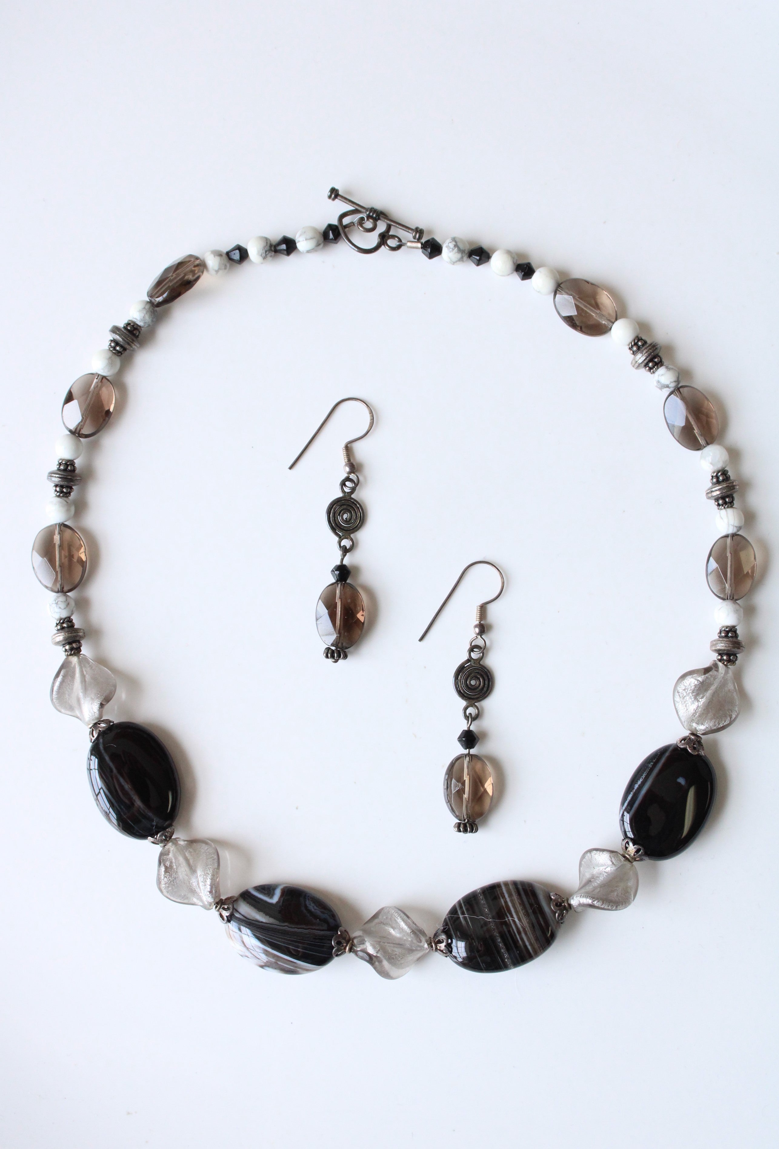 Silver Leaf Jasper Clear & Smokey Quarts Glass Beaded Necklace & Earring Set