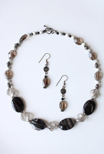 Silver Leaf Jasper Clear & Smokey Quarts Glass Beaded Necklace & Earring Set