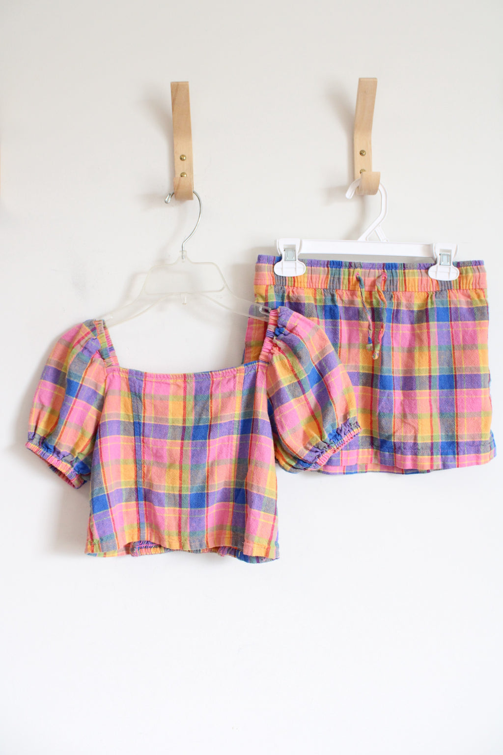 Old Navy Pink Orange & Blue Plaid Linen Blend Crop Top & Mini Skirt Set | Youth M (8)