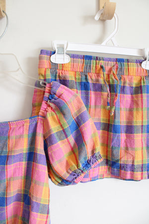 Old Navy Pink Orange & Blue Plaid Linen Blend Crop Top & Mini Skirt Set | Youth M (8)