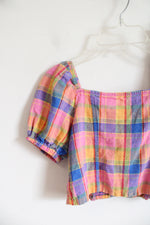 Old Navy Pink Orange & Blue Plaid Linen Blend Crop Top & Mini Skirt Set | Youth M (8)