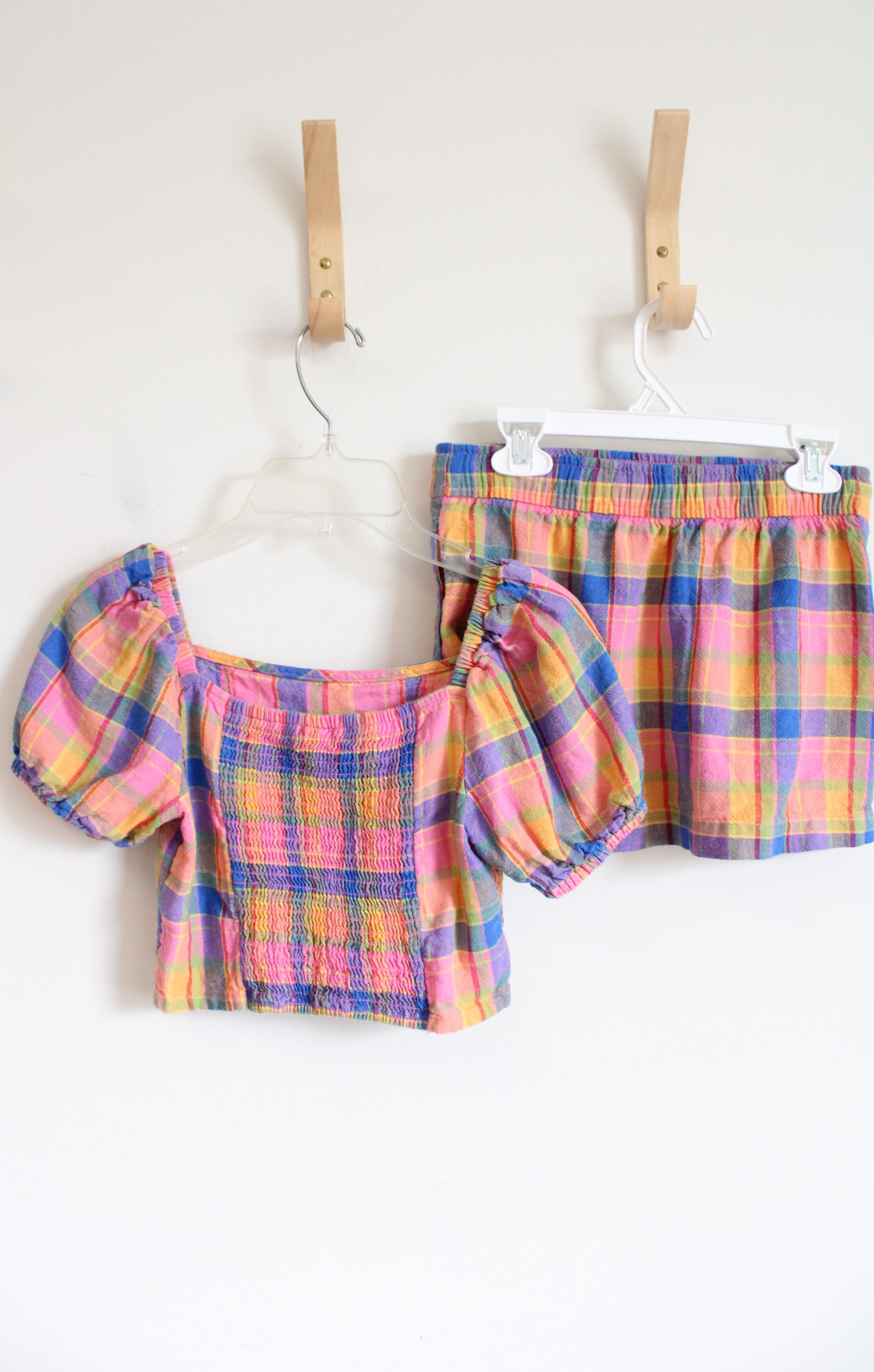 Old Navy Pink Orange & Blue Plaid Linen Blend Crop Top & Mini Skirt Set | Youth M (8)