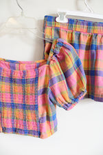 Old Navy Pink Orange & Blue Plaid Linen Blend Crop Top & Mini Skirt Set | Youth M (8)