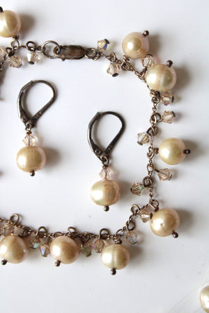 Champagne Tan Genuine Pearl & Sterling Silver Necklace Earring & Bracelet Set