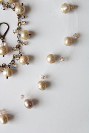 Champagne Tan Genuine Pearl & Sterling Silver Necklace Earring & Bracelet Set