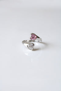 Silver Clear & Pink Crystal Heart Wrap Around Ring | Size 8